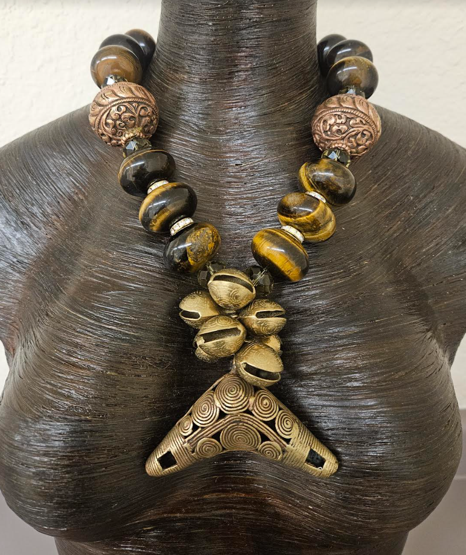 Huge Tigers Eye Tibetan Repousse Copper & Crystal Statement Necklace With Brass Pendant - African Asian Unisex Bold Chunky Heavy Beaded Chest Piece - Earthy Oversized Bib - Kat Kouture Jewelry