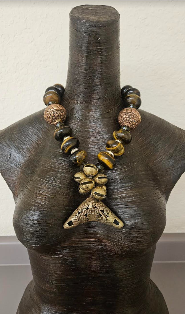 Huge Tigers Eye Tibetan Repousse Copper & Crystal Statement Necklace With Brass Pendant - African Asian Unisex Bold Chunky Heavy Beaded Chest Piece - Earthy Oversized Bib - Kat Kouture Jewelry