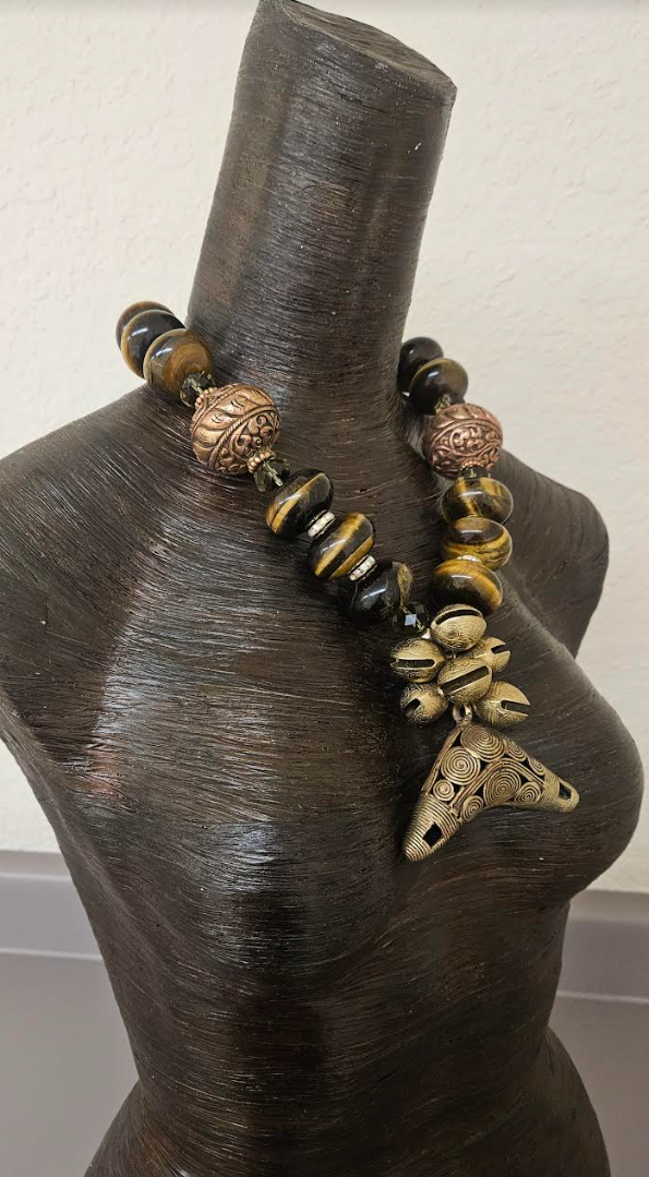 Huge Tigers Eye Tibetan Repousse Copper & Crystal Statement Necklace With Brass Pendant - African Asian Unisex Bold Chunky Heavy Beaded Chest Piece - Earthy Oversized Bib - Kat Kouture Jewelry