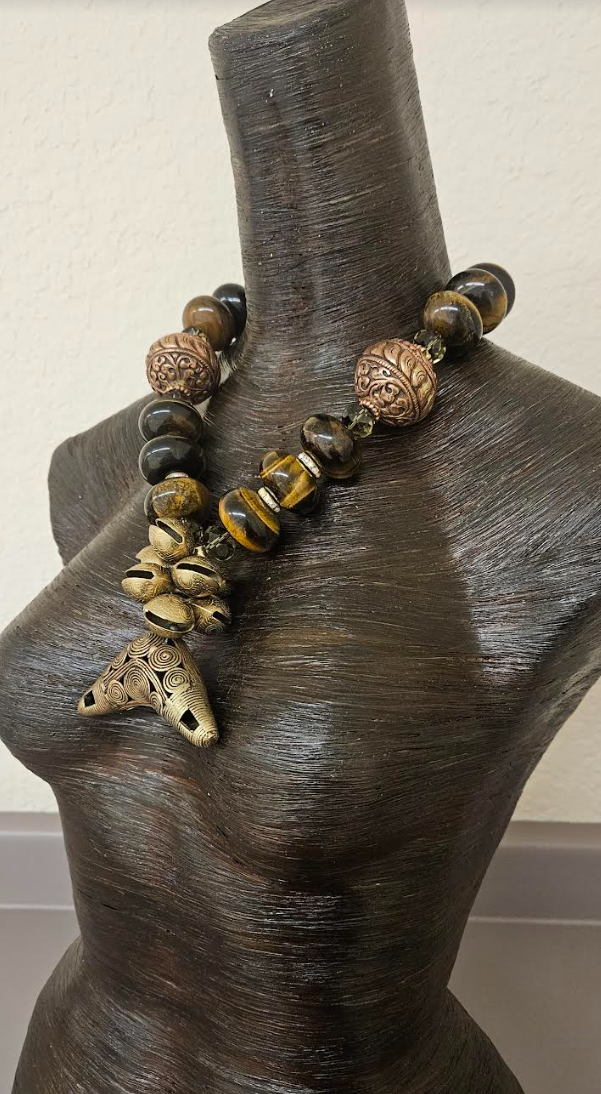 Huge Tigers Eye Tibetan Repousse Copper & Crystal Statement Necklace With Brass Pendant - African Asian Unisex Bold Chunky Heavy Beaded Chest Piece - Earthy Oversized Bib - Kat Kouture Jewelry