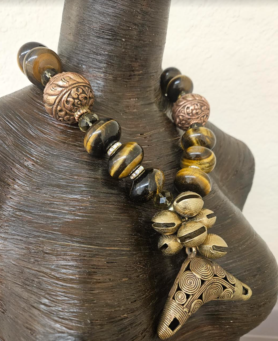 Huge Tigers Eye Tibetan Repousse Copper & Crystal Statement Necklace With Brass Pendant - African Asian Unisex Bold Chunky Heavy Beaded Chest Piece - Earthy Oversized Bib - Kat Kouture Jewelry