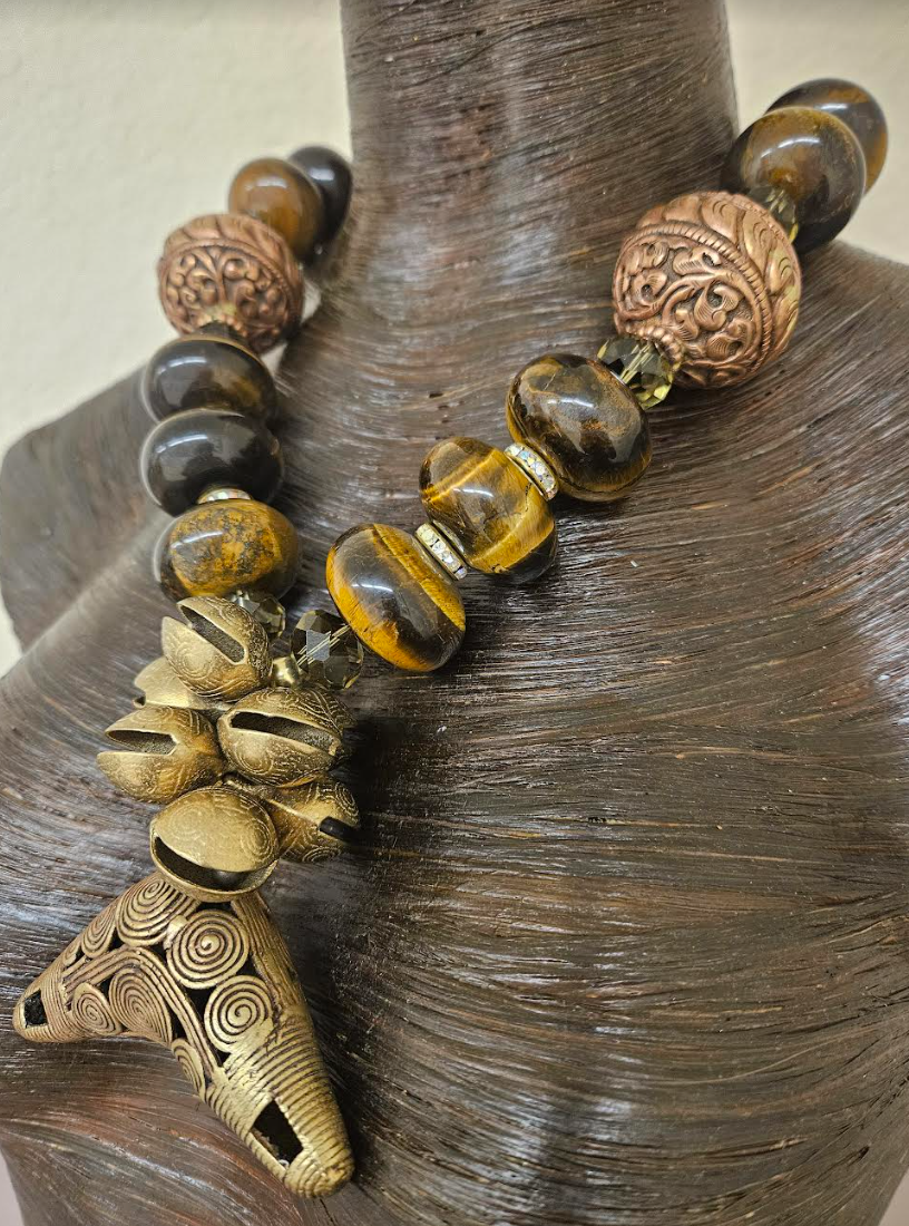 Huge Tigers Eye Tibetan Repousse Copper & Crystal Statement Necklace With Brass Pendant - African Asian Unisex Bold Chunky Heavy Beaded Chest Piece - Earthy Oversized Bib - Kat Kouture Jewelry