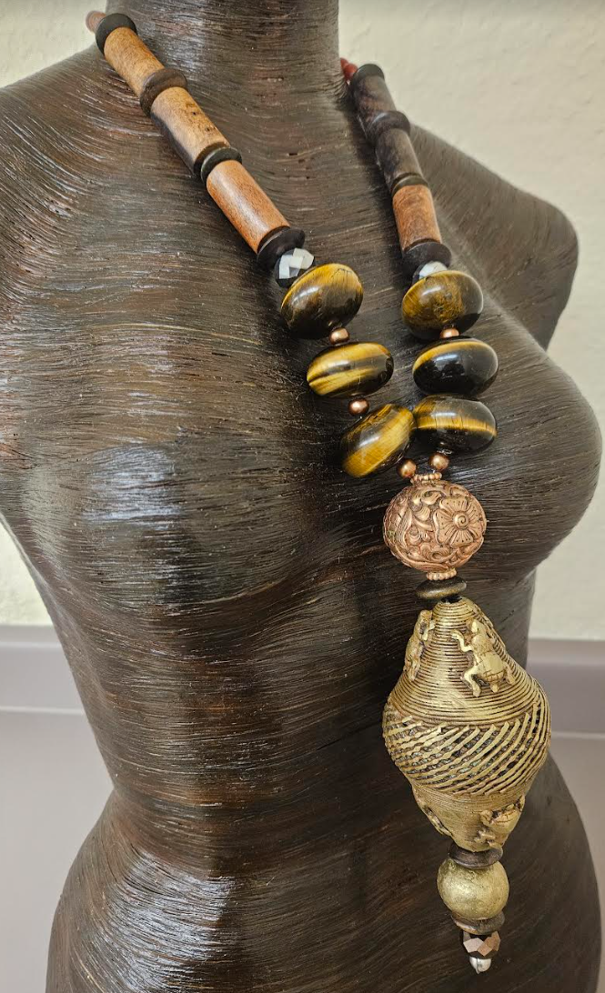 Earth Tone Unisex Tiger's Eye Wood & African Brass Tribal Statement Pendant - Men's Lost Wax Brass Crocodile Warrior Amulet - Bold Chunky Heavy Autumn Chest Piece - Kat Kouture Jewelry