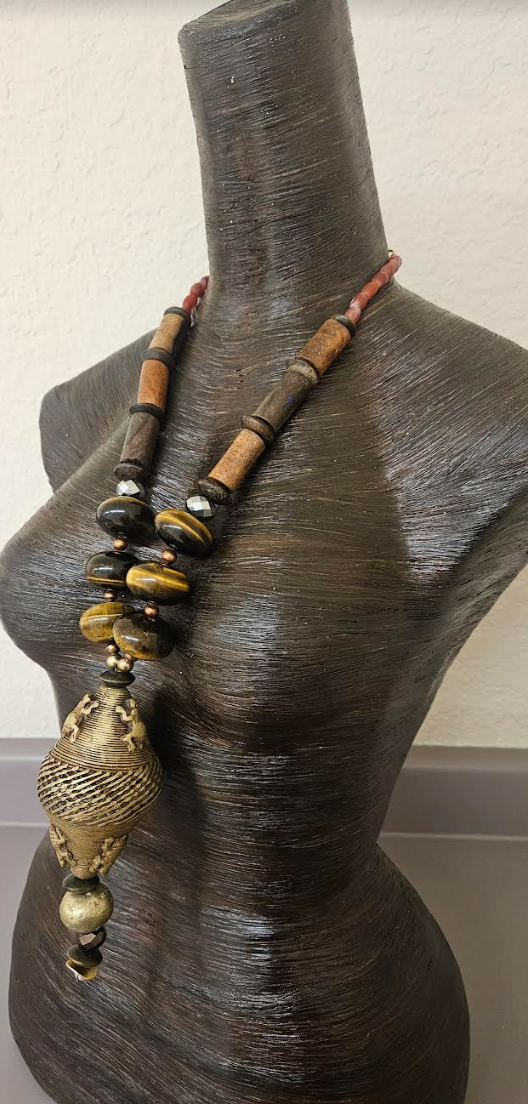 Earth Tone Unisex Tiger's Eye Wood & African Brass Tribal Statement Pendant - Men's Lost Wax Brass Crocodile Warrior Amulet - Bold Chunky Heavy Autumn Chest Piece - Kat Kouture Jewelry