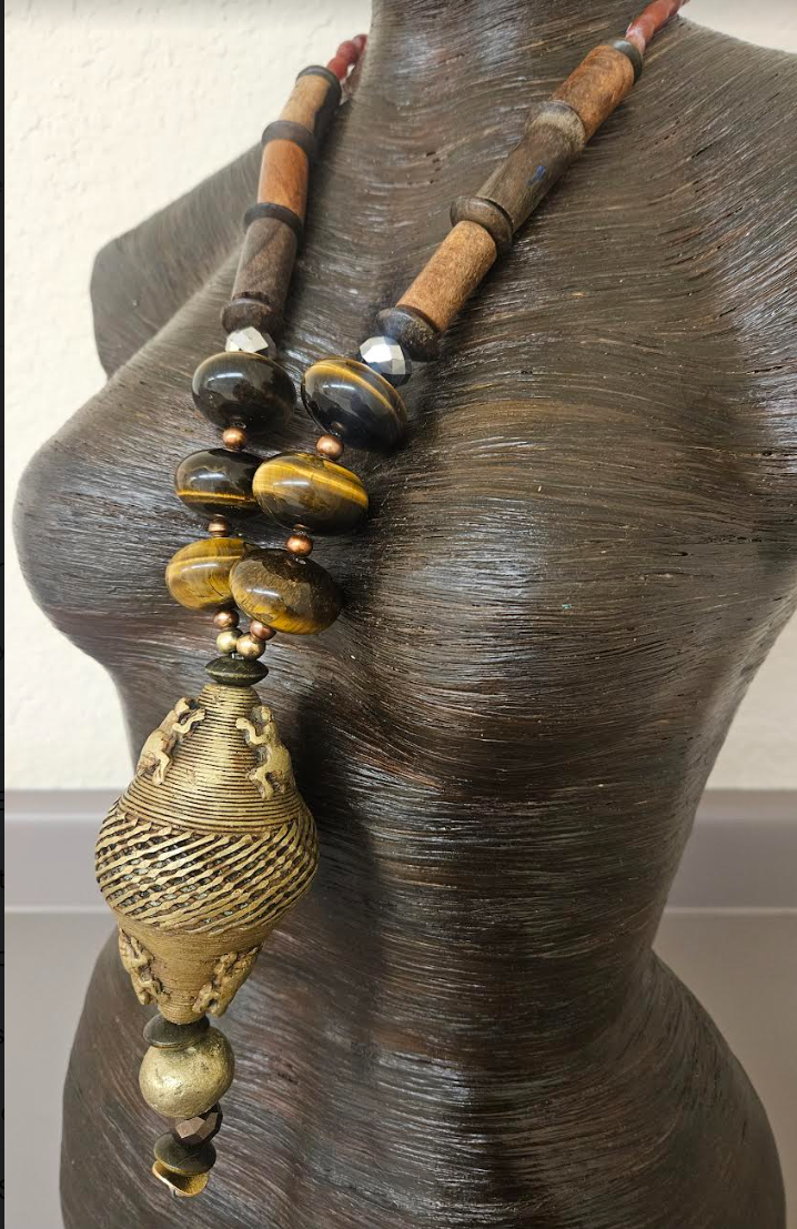 Earth Tone Unisex Tiger's Eye Wood & African Brass Tribal Statement Pendant - Men's Lost Wax Brass Crocodile Warrior Amulet - Bold Chunky Heavy Autumn Chest Piece - Kat Kouture Jewelry