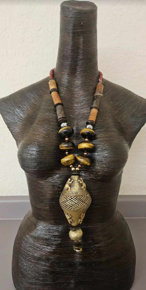 Earth Tone Unisex Tiger's Eye Wood & African Brass Tribal Statement Pendant - Men's Lost Wax Brass Crocodile Warrior Amulet - Bold Chunky Heavy Autumn Chest Piece - Kat Kouture Jewelry