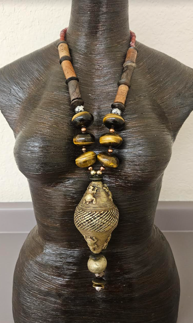 Earth Tone Unisex Tiger's Eye Wood & African Brass Tribal Statement Pendant - Men's Lost Wax Brass Crocodile Warrior Amulet - Bold Chunky Heavy Autumn Chest Piece - Kat Kouture Jewelry