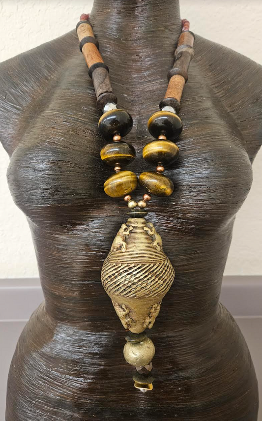 Earth Tone Unisex Tiger's Eye Wood & African Brass Tribal Statement Pendant - Men's Lost Wax Brass Crocodile Warrior Amulet - Bold Chunky Heavy Autumn Chest Piece - Kat Kouture Jewelry