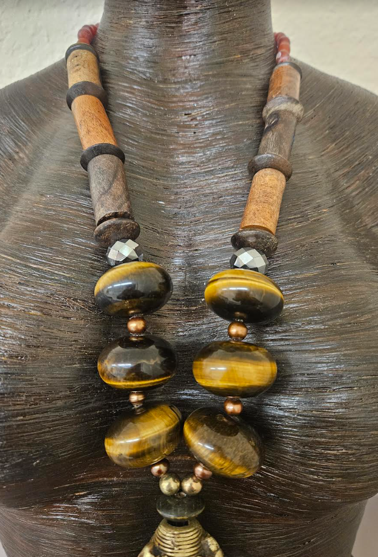 Earth Tone Unisex Tiger's Eye Wood & African Brass Tribal Statement Pendant - Men's Lost Wax Brass Crocodile Warrior Amulet - Bold Chunky Heavy Autumn Chest Piece - Kat Kouture Jewelry