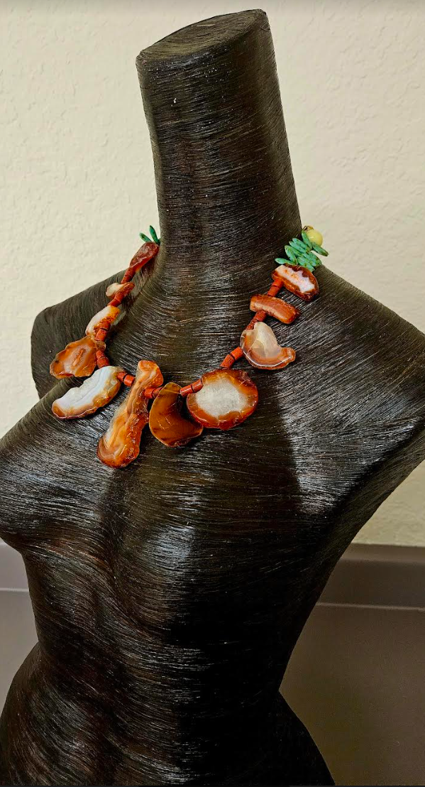 Orange Agate & Coral Unisex Necklace - Mens Gemstone Slab Neck Candy - Petite Women Jeans Jewelry - Kat Kouture Jewelry