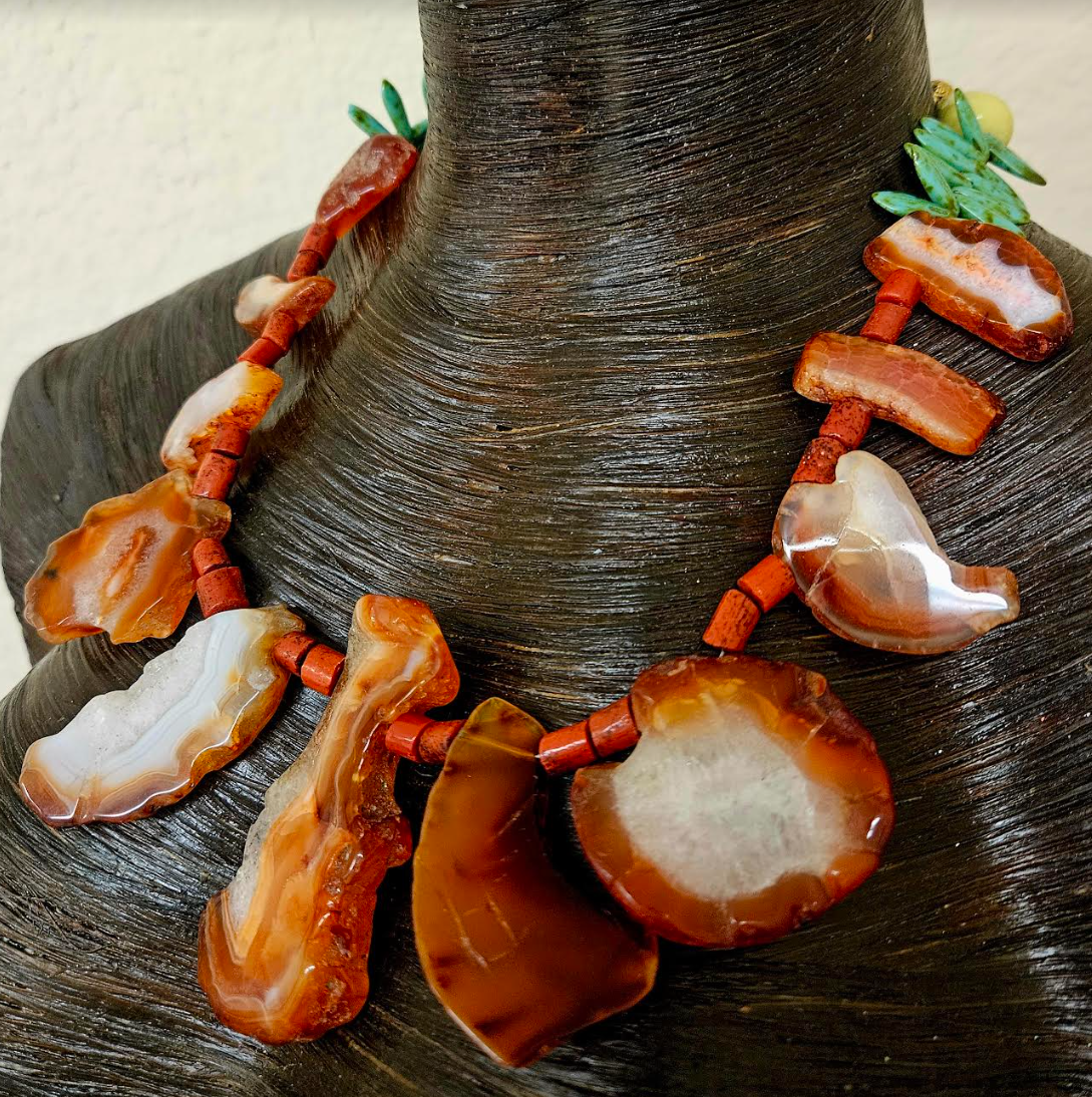 Orange Agate & Coral Unisex Necklace - Mens Gemstone Slab Neck Candy - Petite Women Jeans Jewelry - Kat Kouture Jewelry