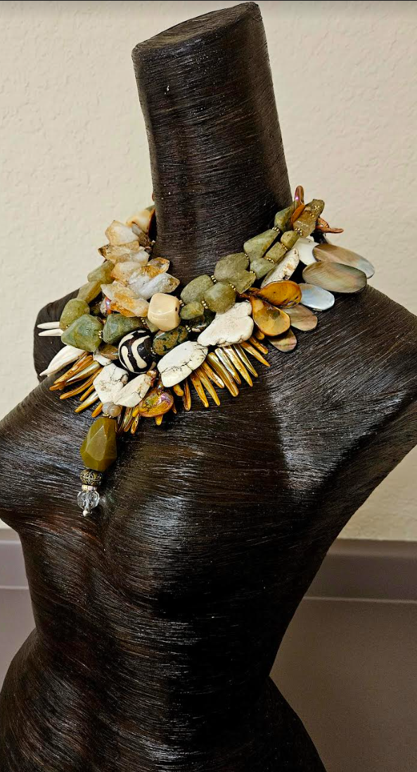 Earthy Multi Strand Gemstone & Shell Statement Necklace - Earth Tone Summer Haute Couture Neck Candy - Kat Kouture Jewelry