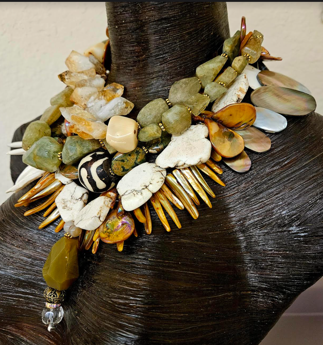 Earthy Multi Strand Gemstone & Shell Statement Necklace - Earth Tone Summer Haute Couture Neck Candy - Kat Kouture Jewelry