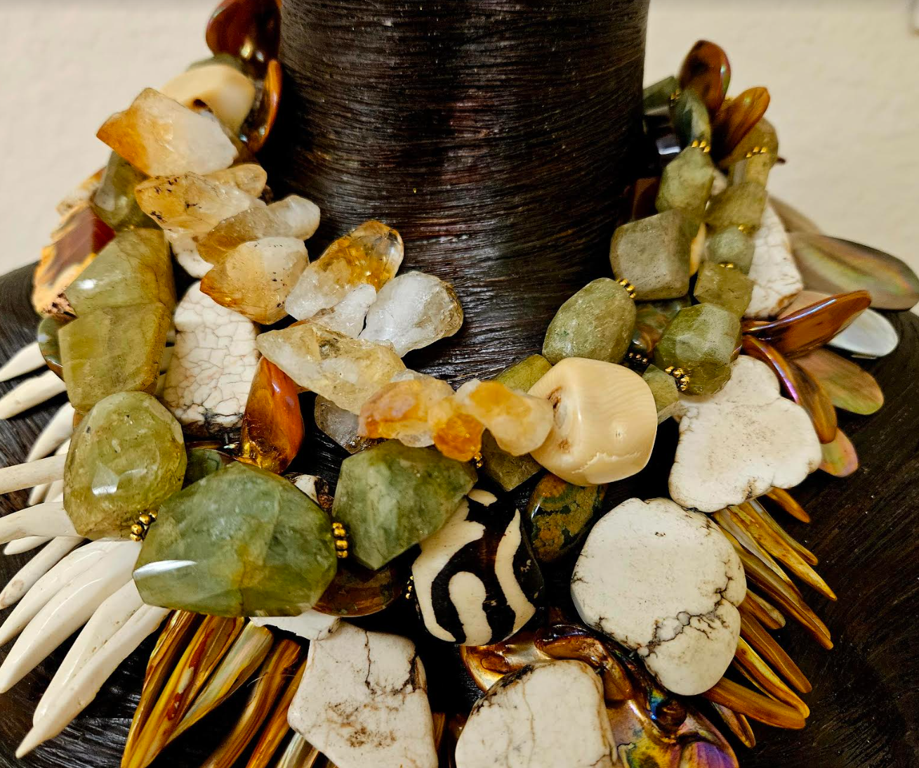 Earthy Multi Strand Gemstone & Shell Statement Necklace - Earth Tone Summer Haute Couture Neck Candy - Kat Kouture Jewelry