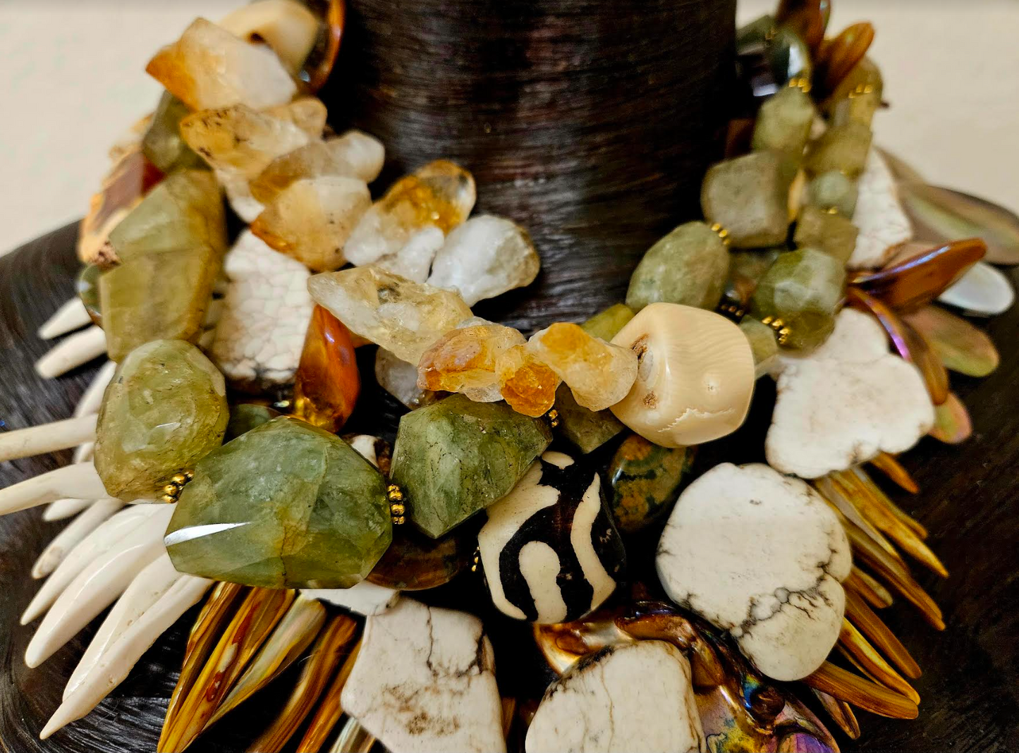 Earthy Multi Strand Gemstone & Shell Statement Necklace - Earth Tone Summer Haute Couture Neck Candy - Kat Kouture Jewelry