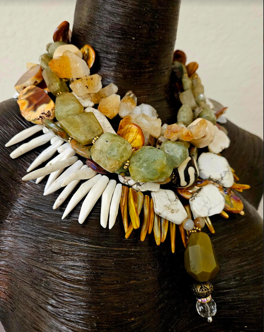 Earthy Multi Strand Gemstone & Shell Statement Necklace - Earth Tone Summer Haute Couture Neck Candy - Kat Kouture Jewelry