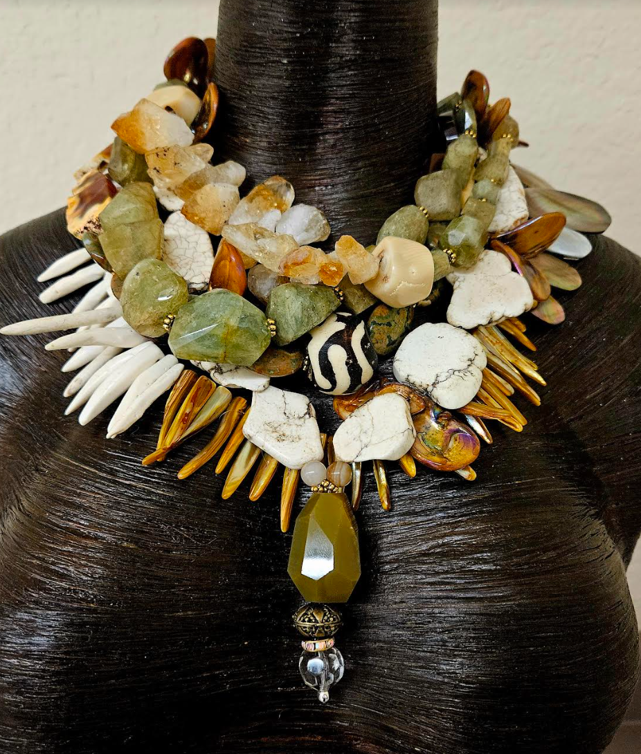 Earthy Multi Strand Gemstone & Shell Statement Necklace - Earth Tone Summer Haute Couture Neck Candy - Kat Kouture Jewelry