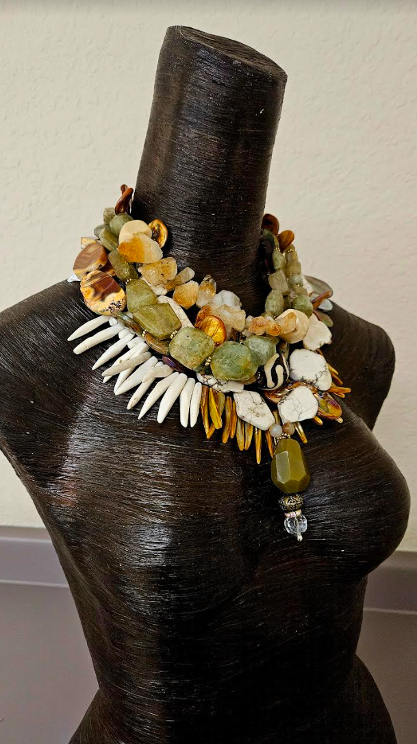 Earthy Multi Strand Gemstone & Shell Statement Necklace - Earth Tone Summer Haute Couture Neck Candy - Kat Kouture Jewelry