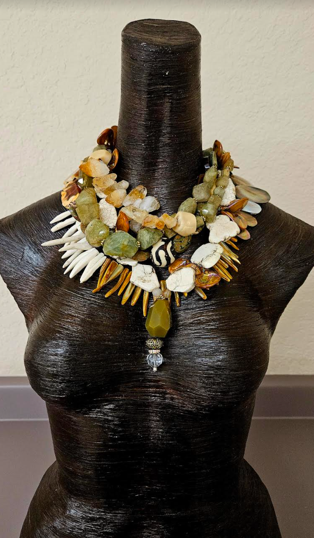 Earthy Multi Strand Gemstone & Shell Statement Necklace - Earth Tone Summer Haute Couture Neck Candy - Kat Kouture Jewelry