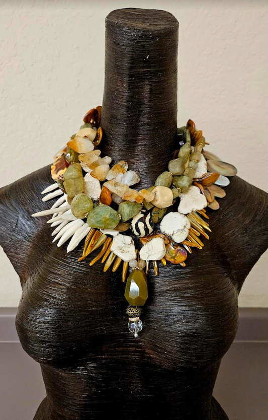 Earthy Multi Strand Gemstone & Shell Statement Necklace - Earth Tone Summer Haute Couture Neck Candy - Kat Kouture Jewelry