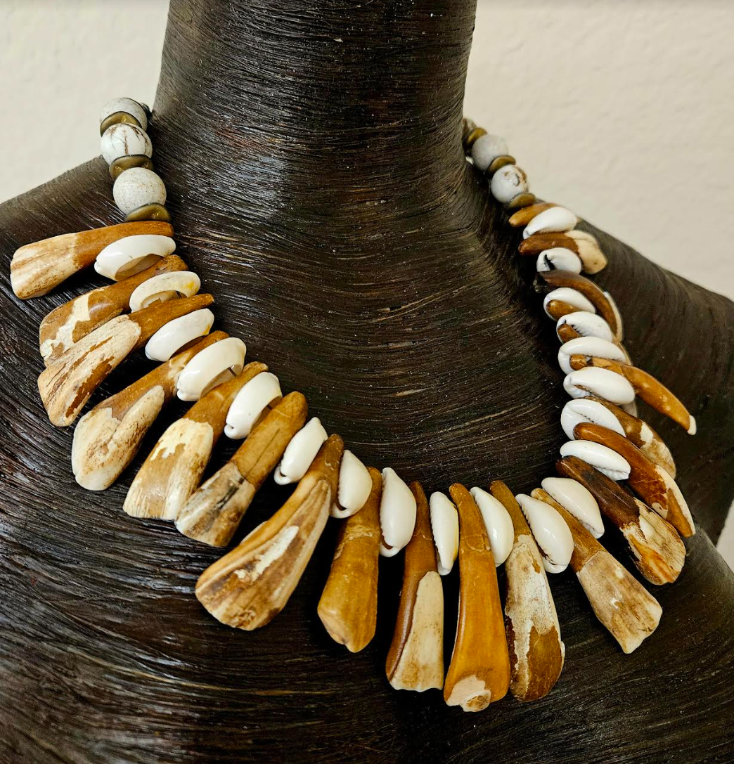 Bison Teeth & Puka Shell Unisex Necklace - Mens Warrior Organic Component Choker - Earth Tone Shell & Incisor Tooth Necklace - Kat Kouture Jewelry