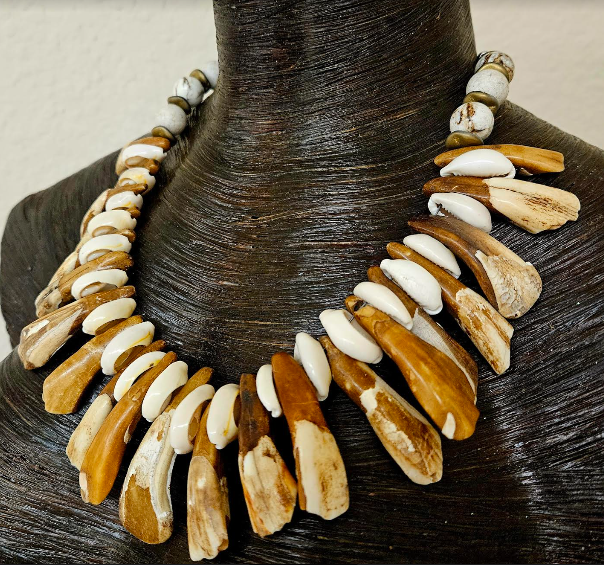 Bison Teeth & Puka Shell Unisex Necklace - Mens Warrior Organic Component Choker - Earth Tone Shell & Incisor Tooth Necklace - Kat Kouture Jewelry