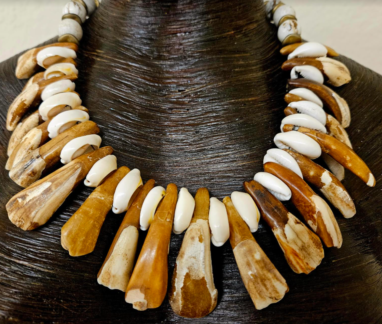 Bison Teeth & Puka Shell Unisex Necklace - Mens Warrior Organic Component Choker - Earth Tone Shell & Incisor Tooth Necklace - Kat Kouture Jewelry