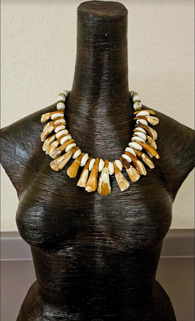 Bison Teeth & Puka Shell Unisex Necklace - Mens Warrior Organic Component Choker - Earth Tone Shell & Incisor Tooth Necklace - Kat Kouture Jewelry