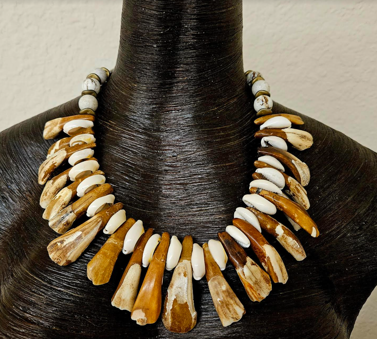 Bison Teeth & Puka Shell Unisex Necklace - Mens Warrior Organic Component Choker - Earth Tone Shell & Incisor Tooth Necklace - Kat Kouture Jewelry