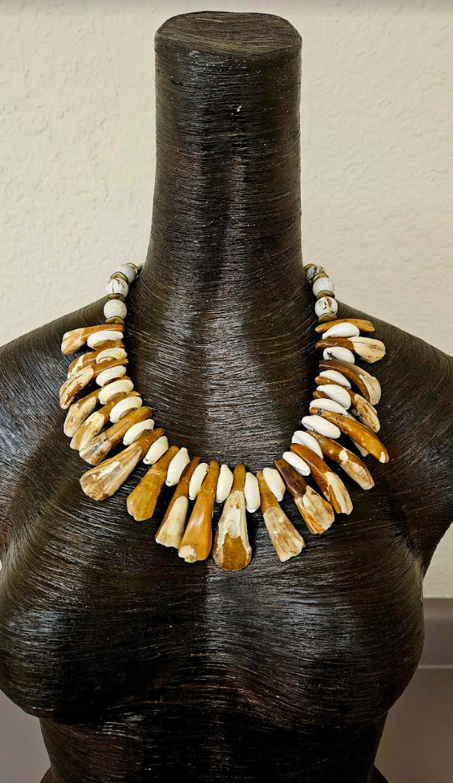 Bison Teeth & Puka Shell Unisex Necklace - Mens Warrior Organic Component Choker - Earth Tone Shell & Incisor Tooth Necklace - Kat Kouture Jewelry