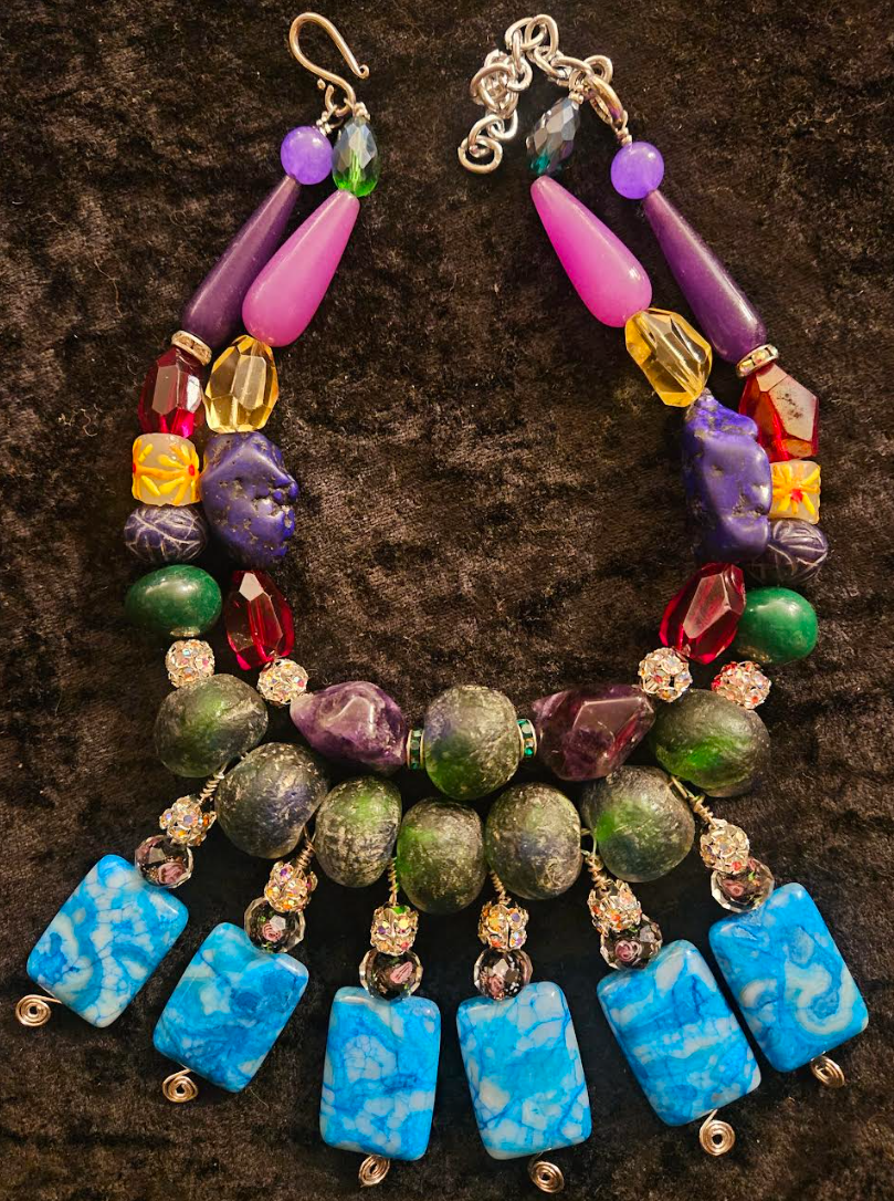 Colorful Mixed Media Beaded Statement Necklace - Beaded Blue Dangle Choker for Petite Women - Kat Kouture Jewelry