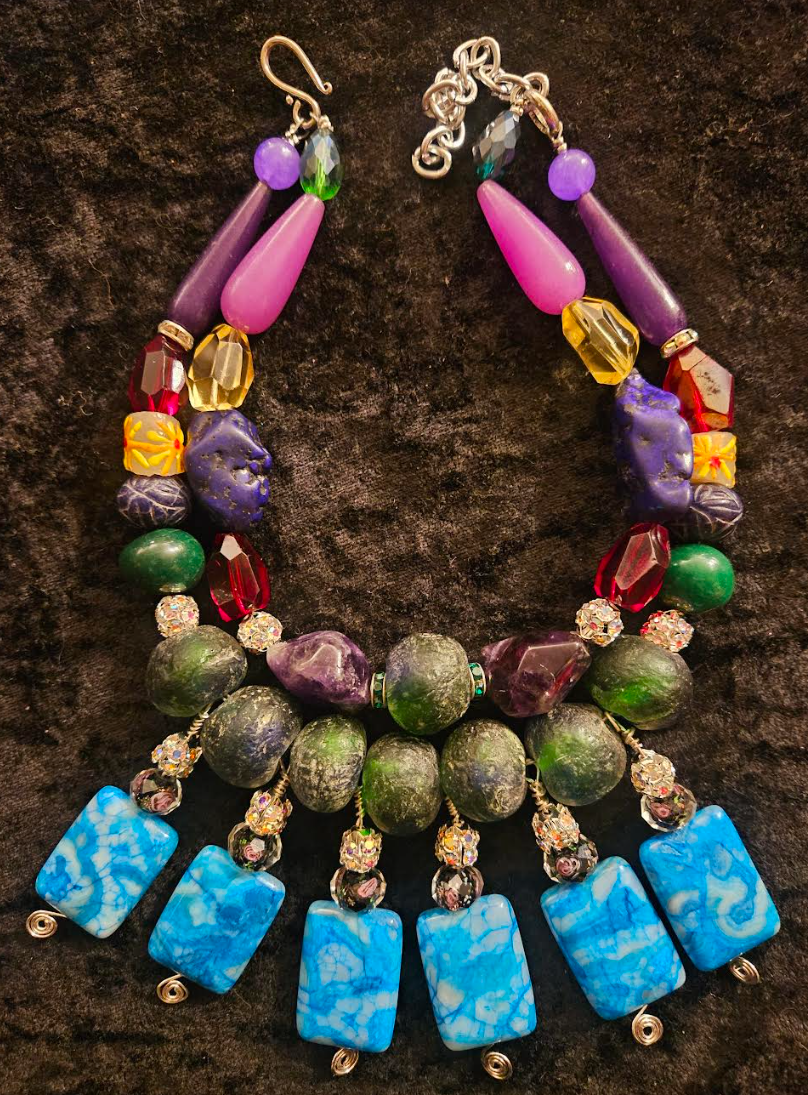 Colorful Mixed Media Beaded Statement Necklace - Beaded Blue Dangle Choker for Petite Women - Kat Kouture Jewelry