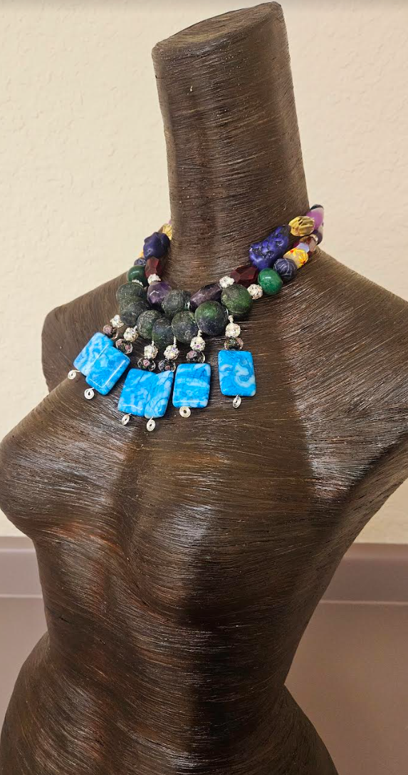 Colorful Mixed Media Beaded Statement Necklace - Beaded Blue Dangle Choker for Petite Women - Kat Kouture Jewelry