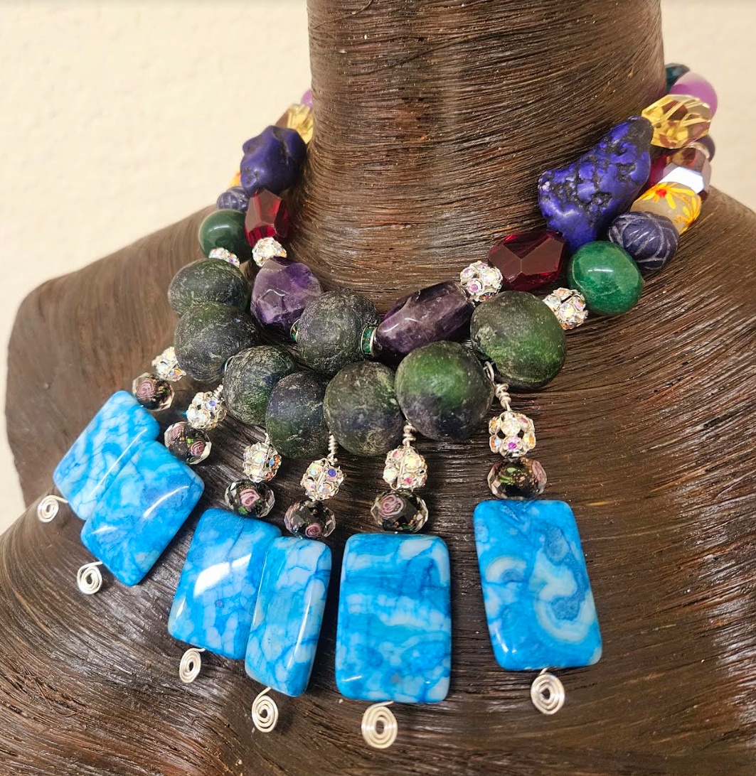 Colorful Mixed Media Beaded Statement Necklace - Beaded Blue Dangle Choker for Petite Women - Kat Kouture Jewelry