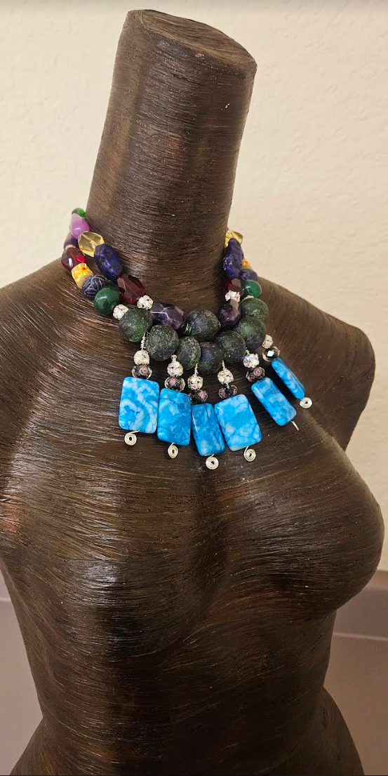 Colorful Mixed Media Beaded Statement Necklace - Beaded Blue Dangle Choker for Petite Women - Kat Kouture Jewelry