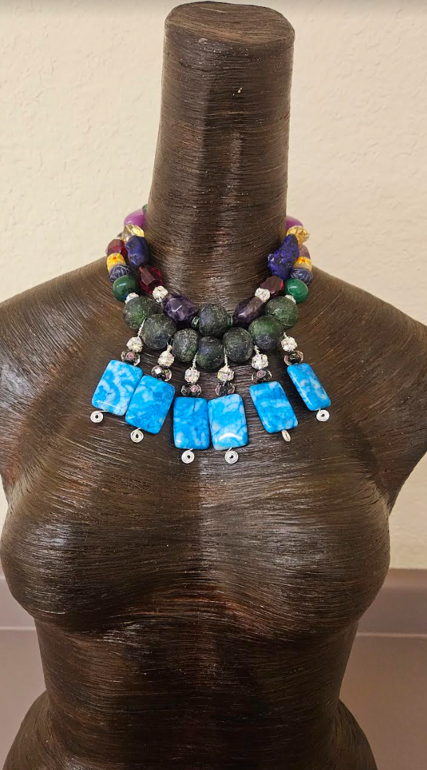 Colorful Mixed Media Beaded Statement Necklace - Beaded Blue Dangle Choker for Petite Women - Kat Kouture Jewelry