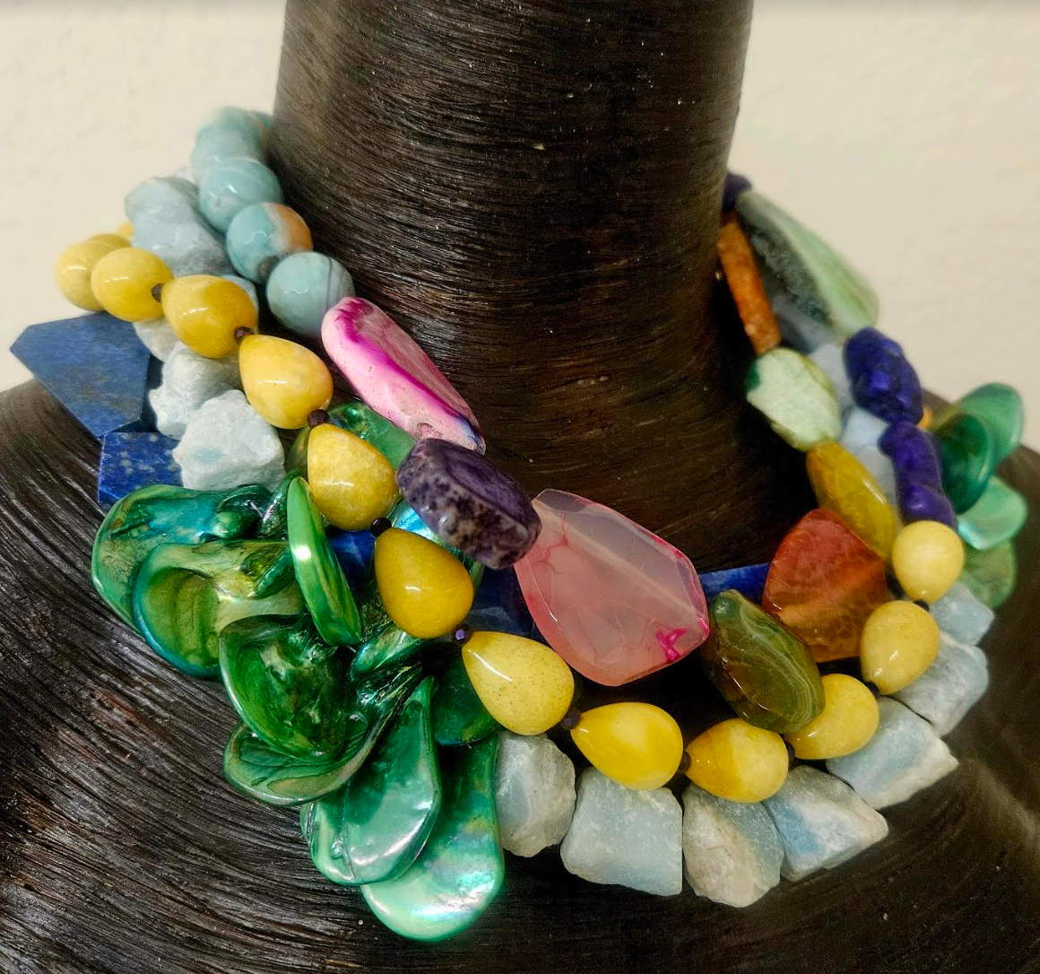 Abalone Shell & Gemstone Multi Strand Statement Necklace - Colorful Mixed Media Choker - Kat Kouture Jewelry