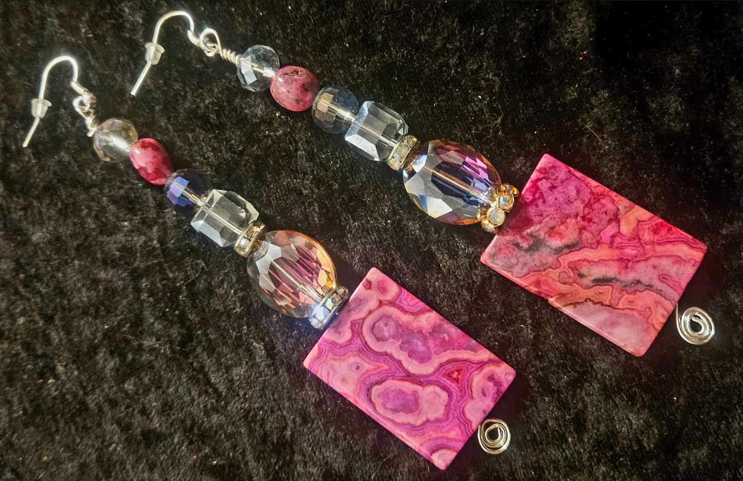 Hot Pink Crazy Lace Agate & Faceted Crystal Shoulder Duster Pierced Earrings - Black Tie Earlobe Candy - Extra Long Beaded Fancy Earrings - Kat Kouture Jewelry