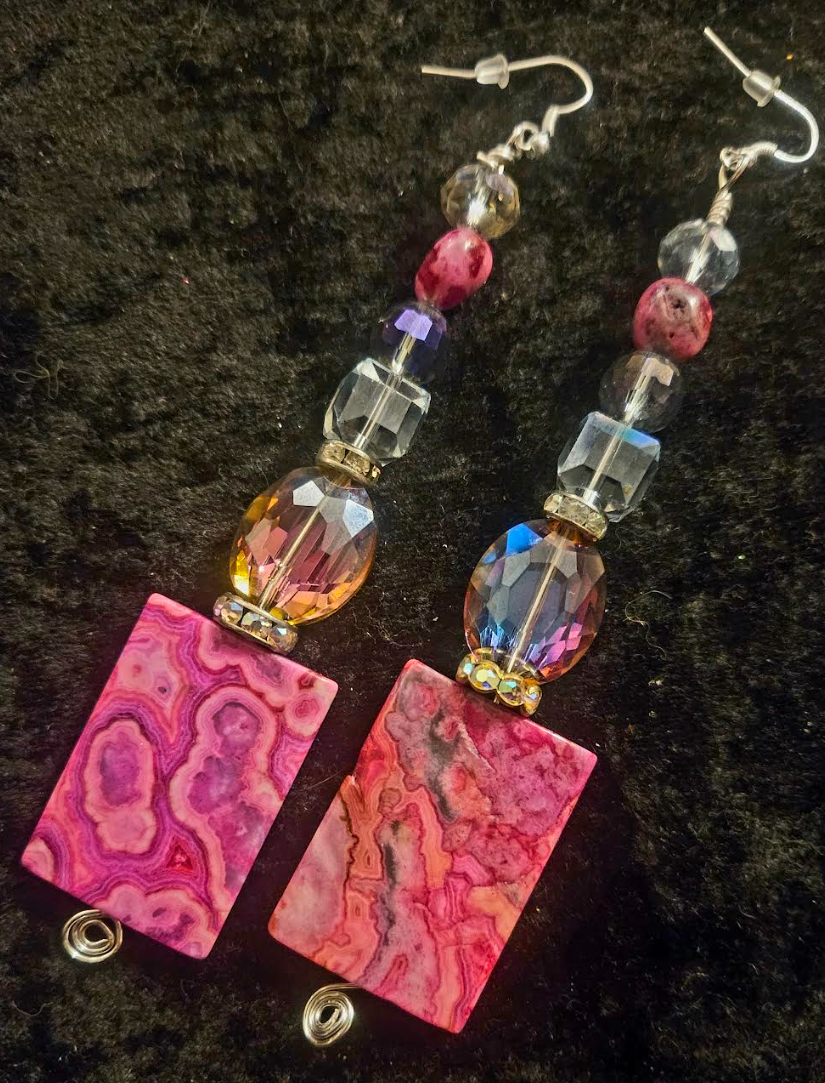 Hot Pink Crazy Lace Agate & Faceted Crystal Shoulder Duster Pierced Earrings - Black Tie Earlobe Candy - Extra Long Beaded Fancy Earrings - Kat Kouture Jewelry