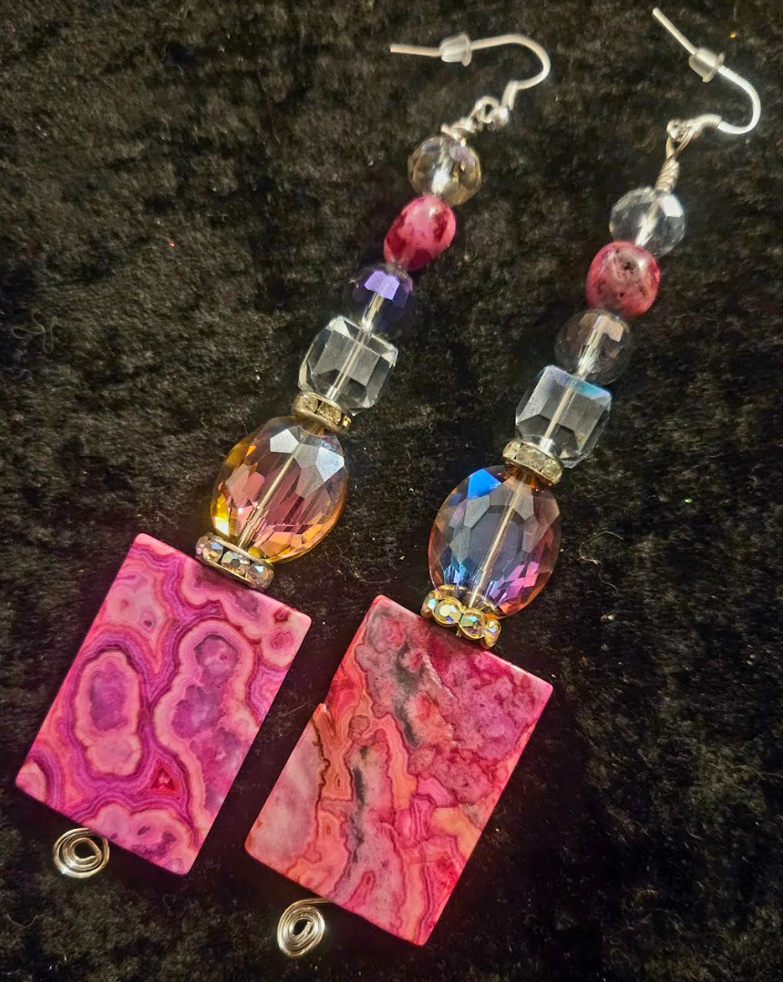 Hot Pink Crazy Lace Agate & Faceted Crystal Shoulder Duster Pierced Earrings - Black Tie Earlobe Candy - Extra Long Beaded Fancy Earrings - Kat Kouture Jewelry