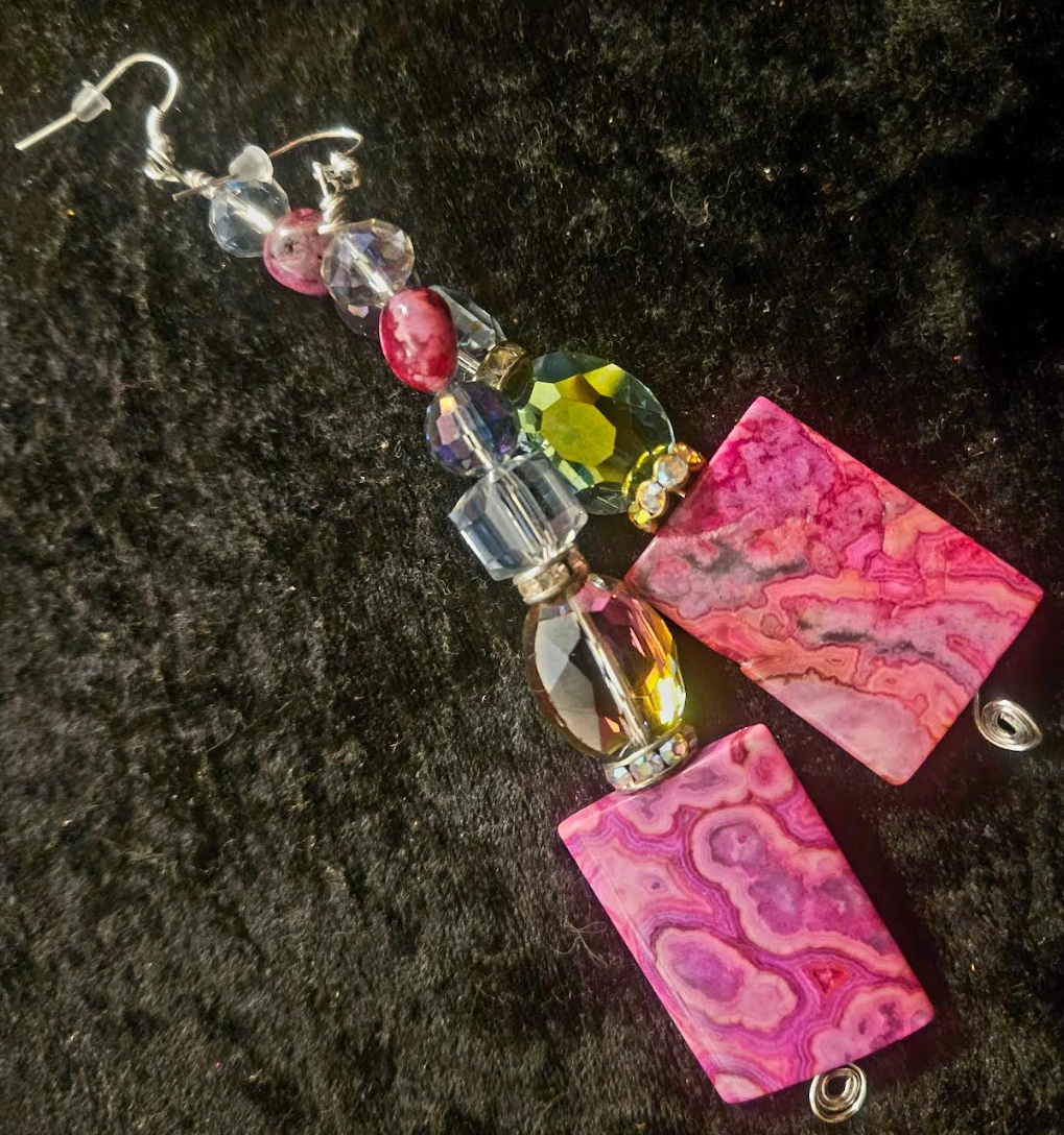 Hot Pink Crazy Lace Agate & Faceted Crystal Shoulder Duster Pierced Earrings - Black Tie Earlobe Candy - Extra Long Beaded Fancy Earrings - Kat Kouture Jewelry