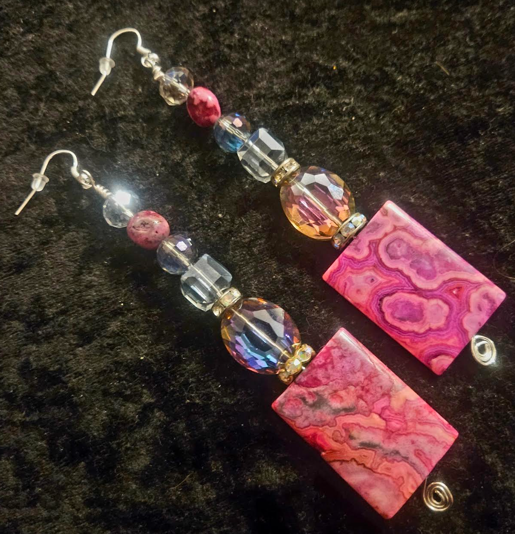 Hot Pink Crazy Lace Agate & Faceted Crystal Shoulder Duster Pierced Earrings - Black Tie Earlobe Candy - Extra Long Beaded Fancy Earrings - Kat Kouture Jewelry