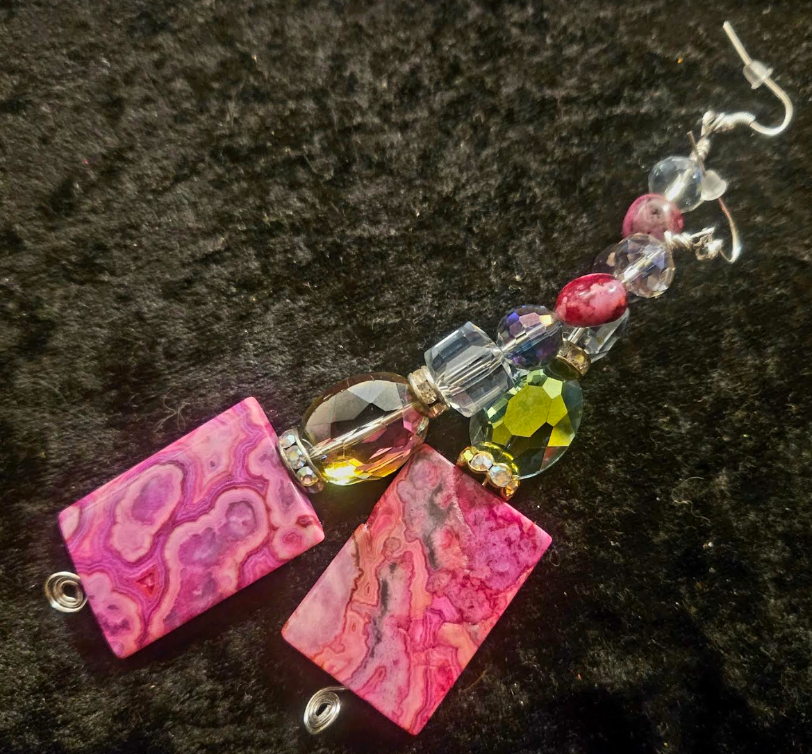 Hot Pink Crazy Lace Agate & Faceted Crystal Shoulder Duster Pierced Earrings - Black Tie Earlobe Candy - Extra Long Beaded Fancy Earrings - Kat Kouture Jewelry