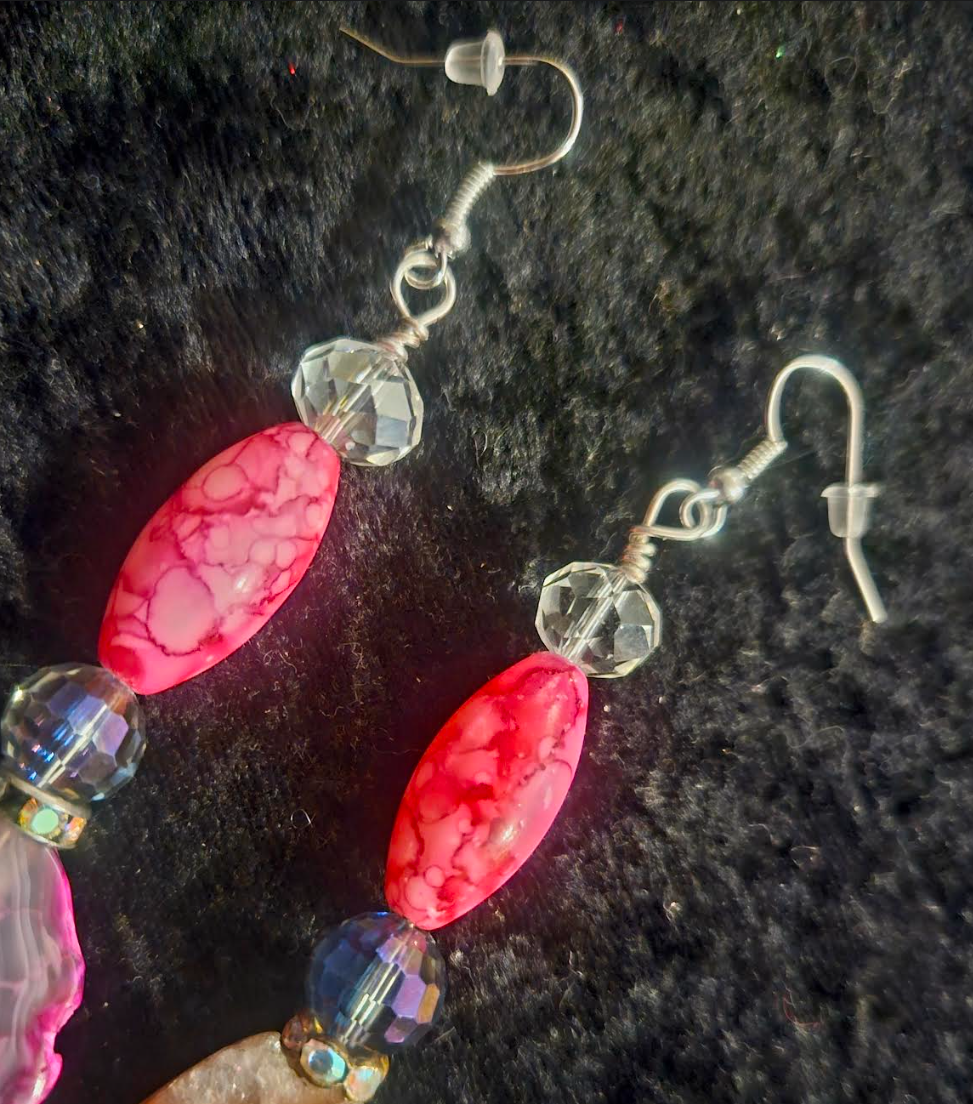 Hot Pink Agate & Rhinestone Ball Beaded Drop Earrings - Bridal Wedding Venue Pierced Earrings - Kat Kouture Jewelry - Sexy Ear Candy - Pageant Accessory