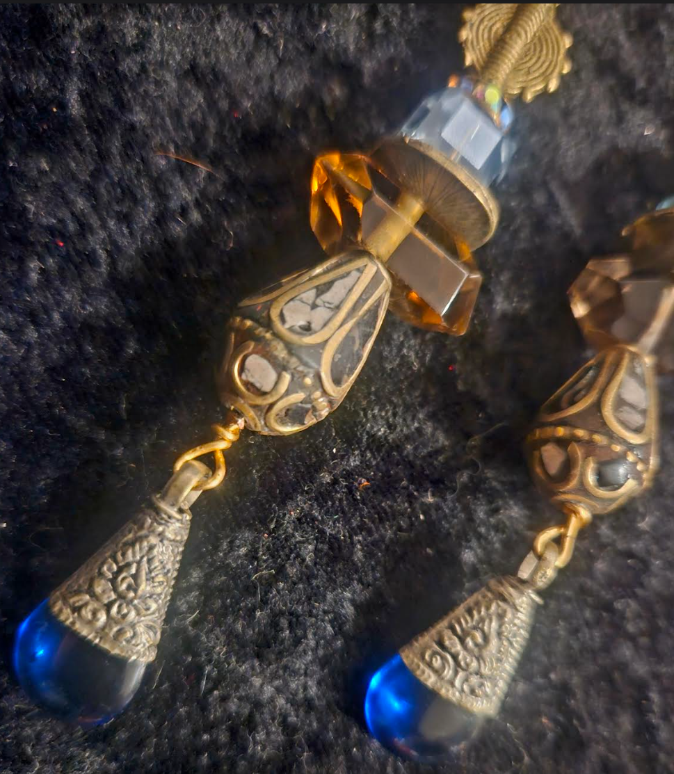 Mixed Media Tribal Statement Pierced Earrings - Brown Blue & Gold Ethnic Shoulder Dusters - Tibetan Repousse Dangle Ear Candy - Kat Kouture Jewelry