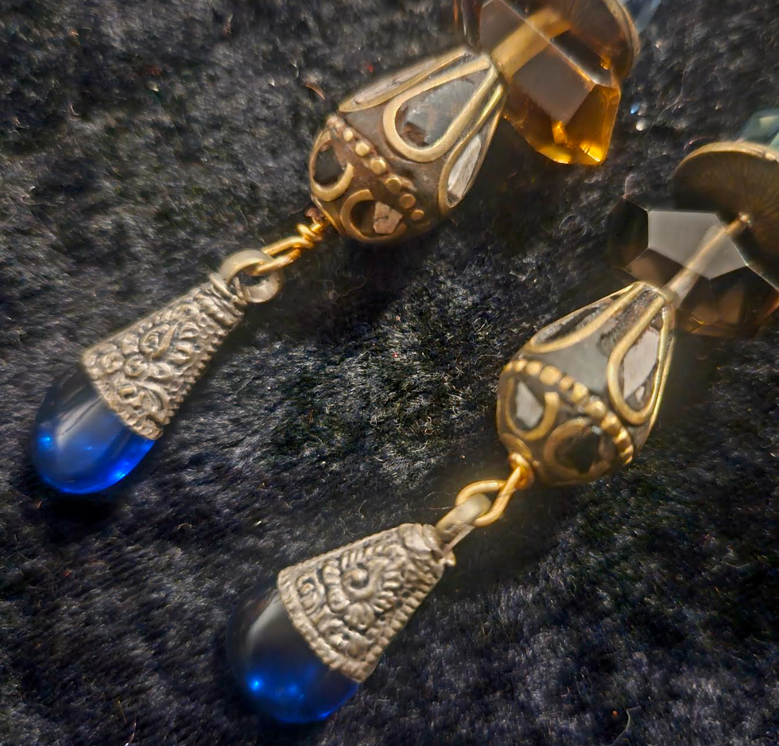 Mixed Media Tribal Statement Pierced Earrings - Brown Blue & Gold Ethnic Shoulder Dusters - Tibetan Repousse Dangle Ear Candy - Kat Kouture Jewelry