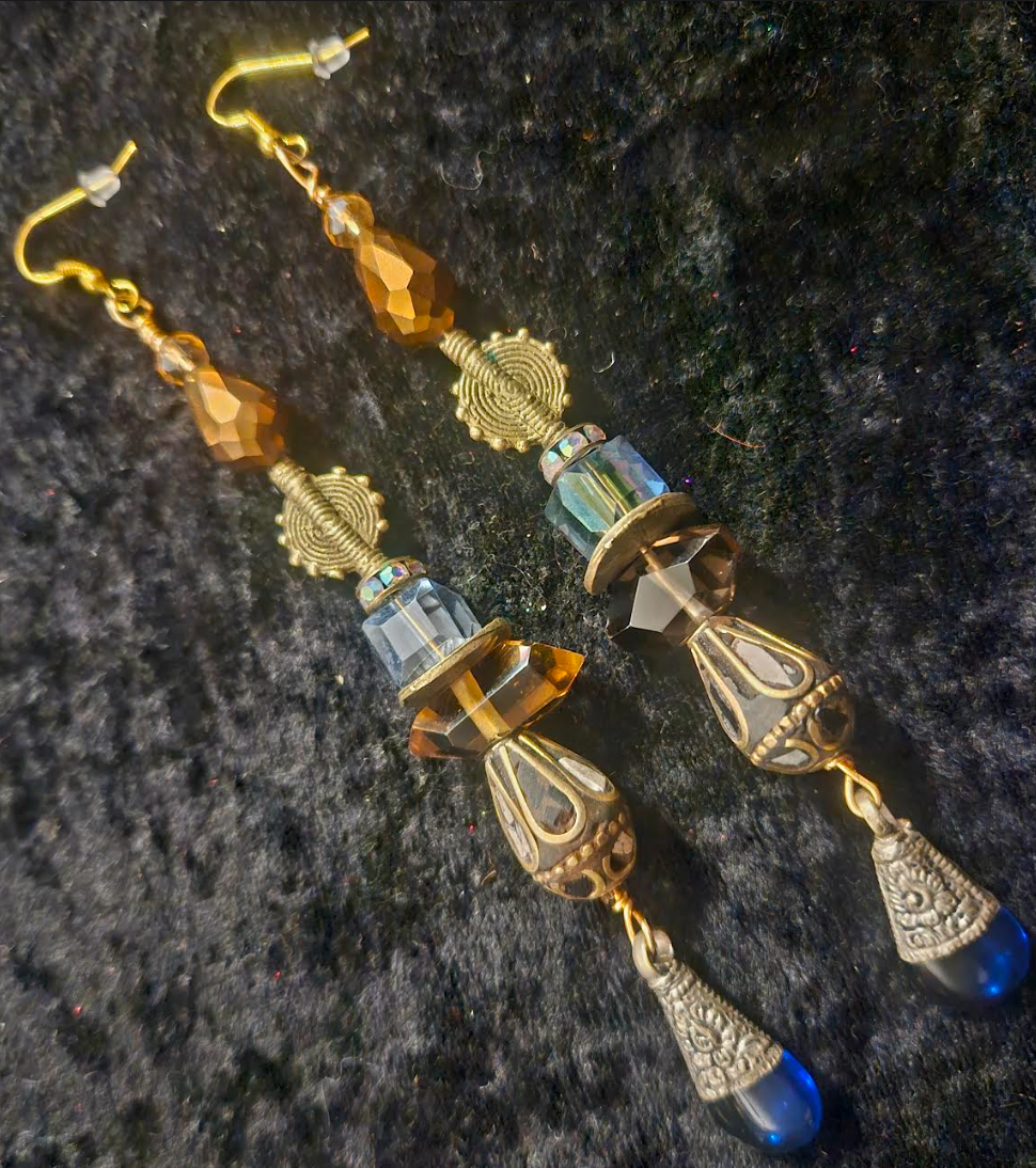 Mixed Media Tribal Statement Pierced Earrings - Brown Blue & Gold Ethnic Shoulder Dusters - Tibetan Repousse Dangle Ear Candy - Kat Kouture Jewelry