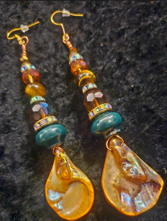 Bronze Abalone Shell & Crystal Beaded Dangle Earrings - Earthy Mixed Media Shoulder Duster Ear Candy - Kat Kouture Jewelry