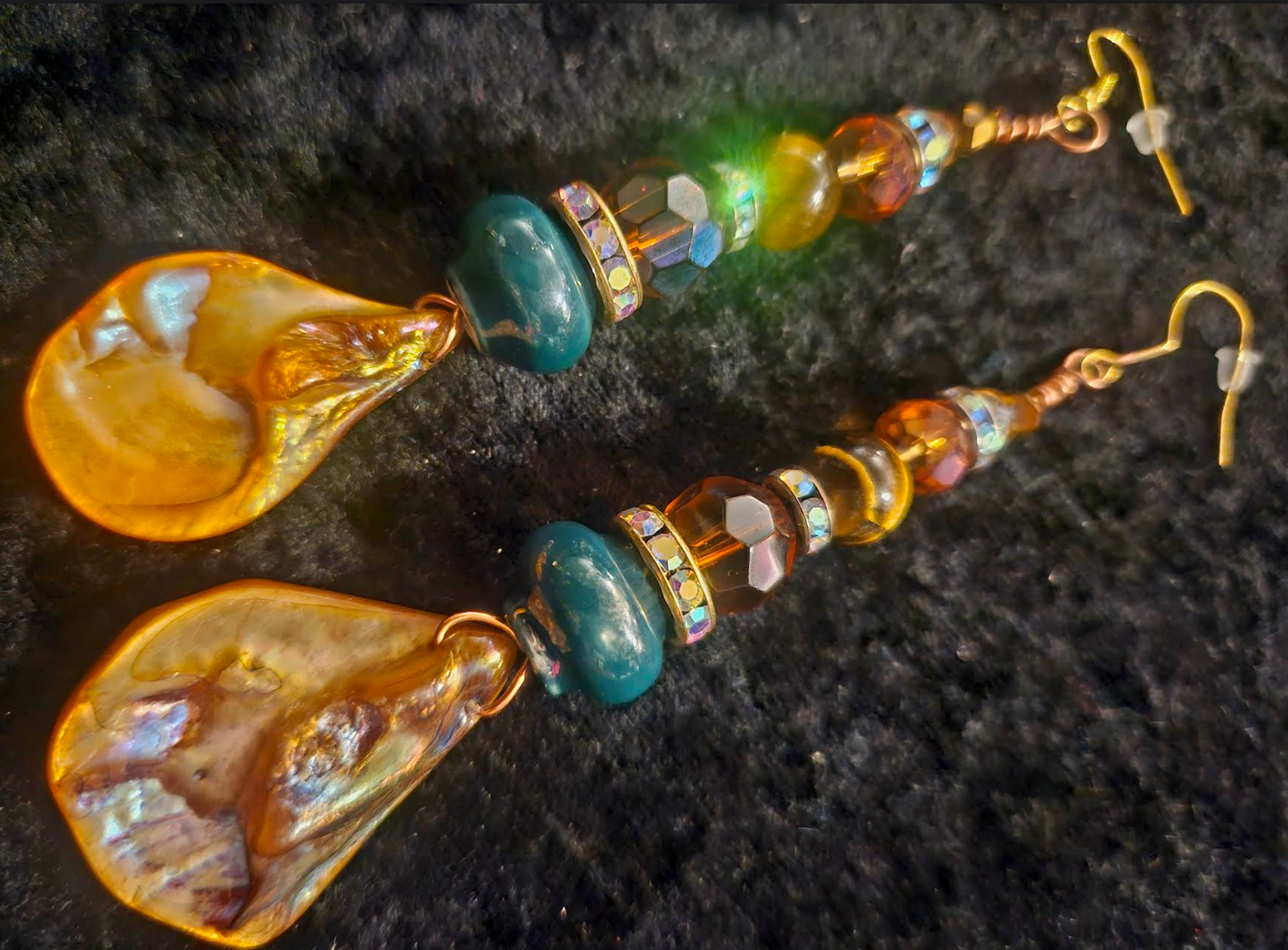 Bronze Abalone Shell & Crystal Beaded Dangle Earrings - Earthy Mixed Media Shoulder Duster Ear Candy - Kat Kouture Jewelry