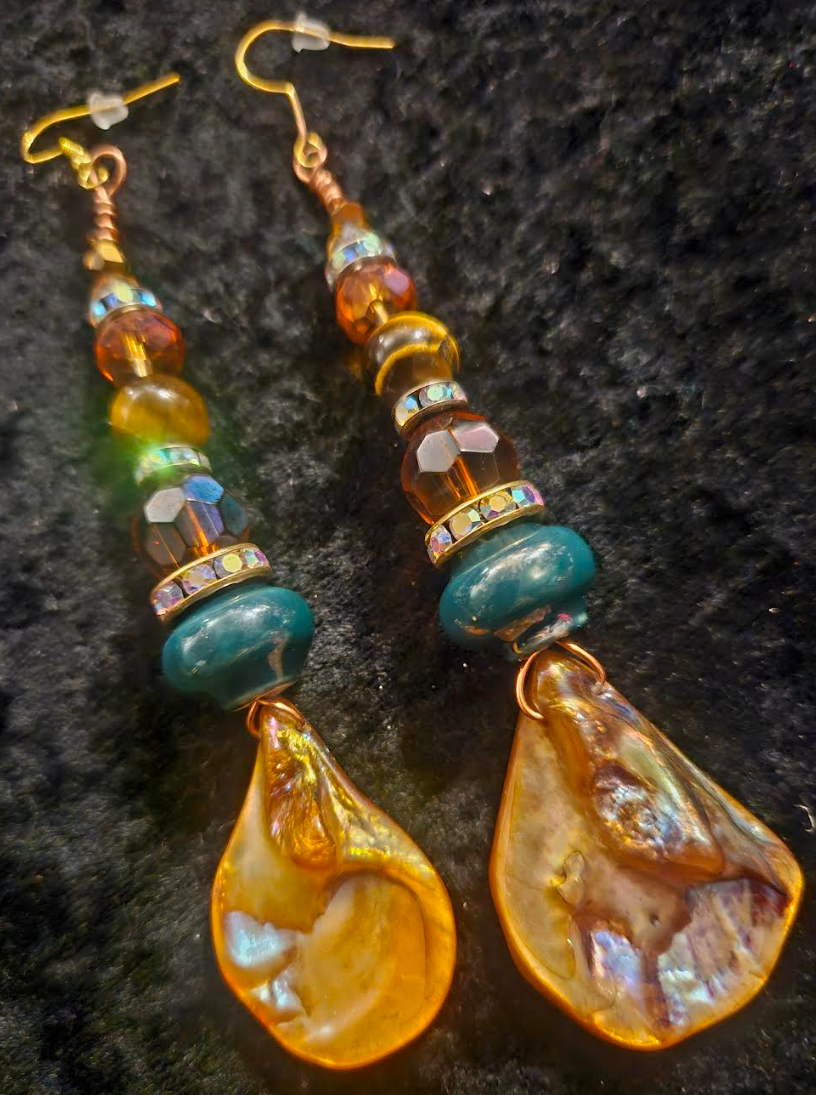 Bronze Abalone Shell & Crystal Beaded Dangle Earrings - Earthy Mixed Media Shoulder Duster Ear Candy - Kat Kouture Jewelry